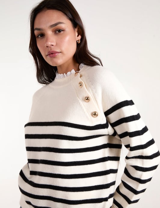 Horizontal Stripes Shoulder Button Detailed Jumper - Image 1