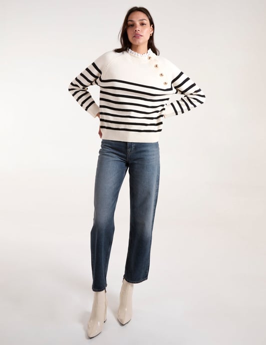 Horizontal Stripes Shoulder Button Detailed Jumper - Image 2