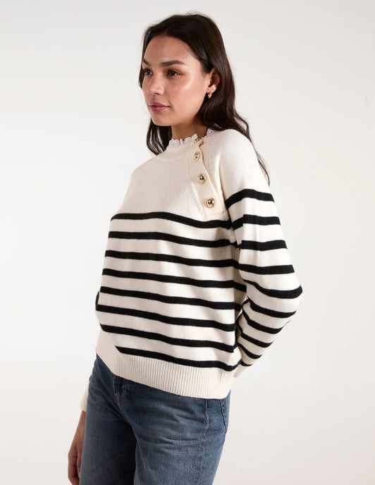 Horizontal Stripes Shoulder Button Detailed Jumper - Image 3