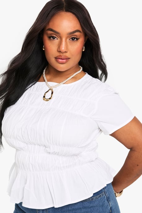 PLUS COTTON SHIRRED PUFF SLEEVE BLOUSE - Image 4
