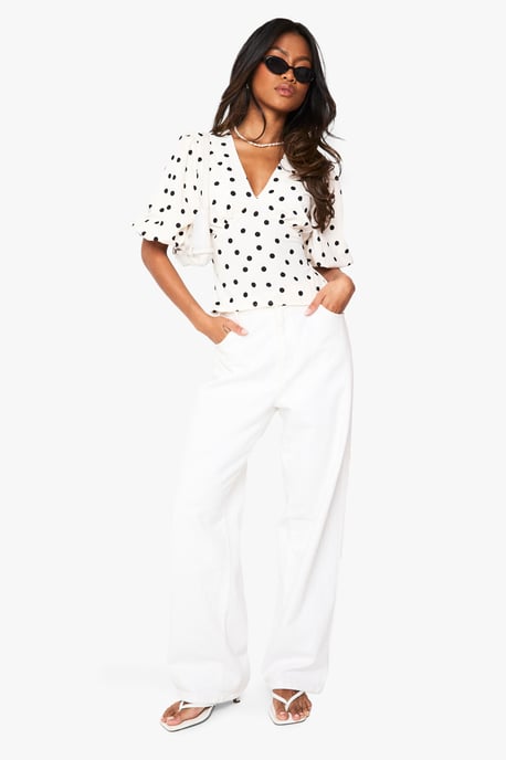 Satin Polka Dot Puff Sleeve Blouse - Image 3