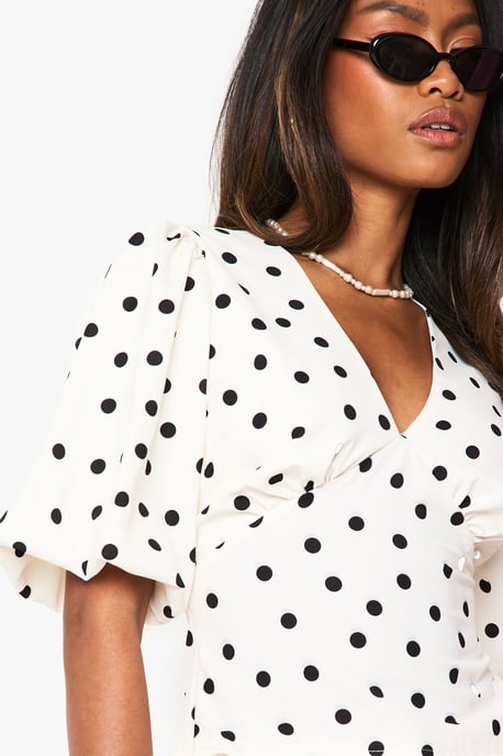 Satin Polka Dot Puff Sleeve Blouse - Image 4