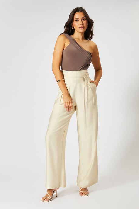 Linen Look Wide Leg Paper Bag Waist Trousers - Image 1