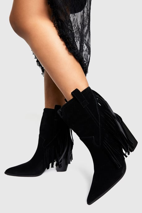 Faux Suede Fringe Tassel Detail Heeled Western Ankle Boots - Image 1