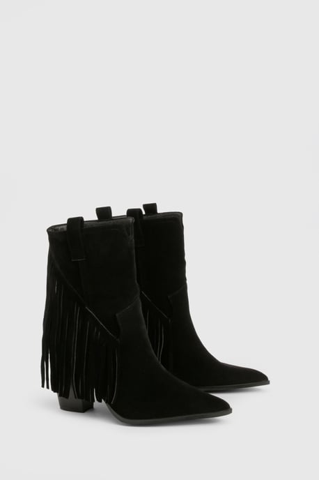Faux Suede Fringe Tassel Detail Heeled Western Ankle Boots - Image 2