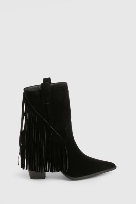 Faux Suede Fringe Tassel Detail Heeled Western Ankle Boots - Image 3