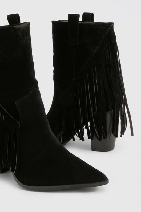 Faux Suede Fringe Tassel Detail Heeled Western Ankle Boots - Image 6
