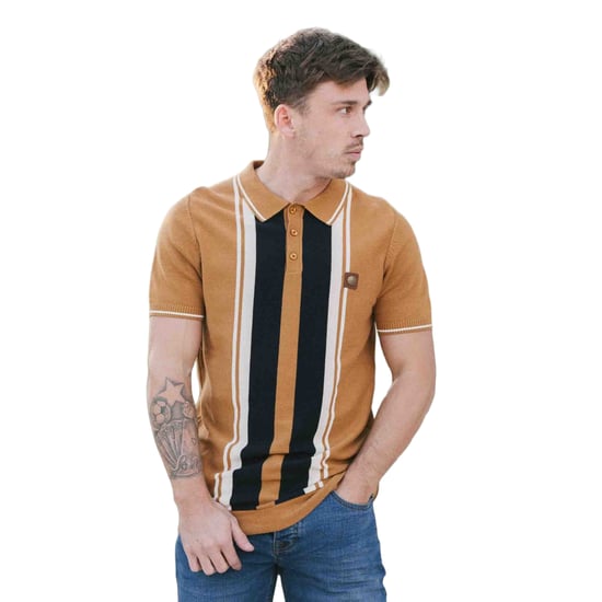 Lambretta Mens Greco Striped Knitted Short-Sleeved Polo Shirt (Tobacco) - Image 3