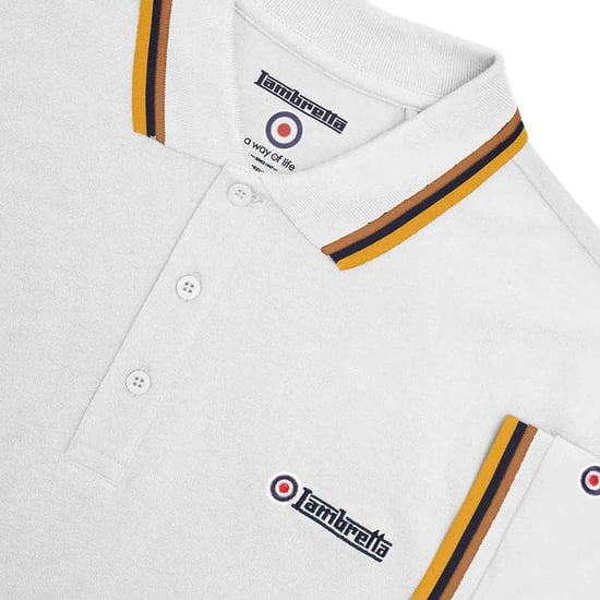 Lambretta Heren SS25 Triple Tipped Groot & Lang Poloshirt (Wit/Tabak/Navy/Goud) - Image 3
