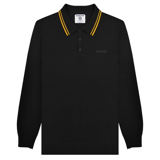 Lambretta Mens Knitted Tipped Long-Sleeved Polo Shirt (Black/Gold) - Image 1