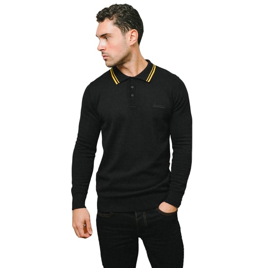 Lambretta Heren Gebreid poloshirt met lange mouwen (Zwart/Goud) - Image 3