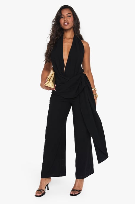 Linen Look Drape Cowl Wrap Jumpsuit - Image 1