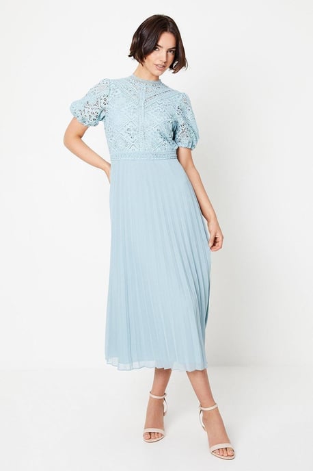 Lace Puff Sleeve Pleated Midi Dress - Image 1