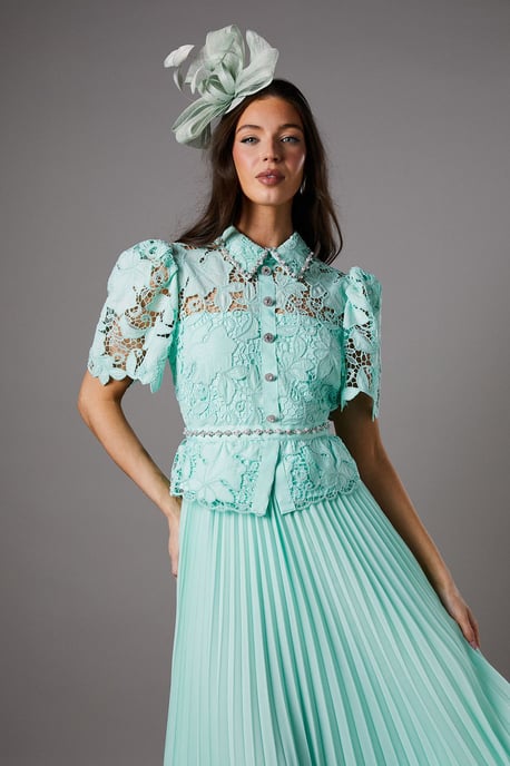 Lace Top Pleat Skirt Jewel Button Dress - Image 2