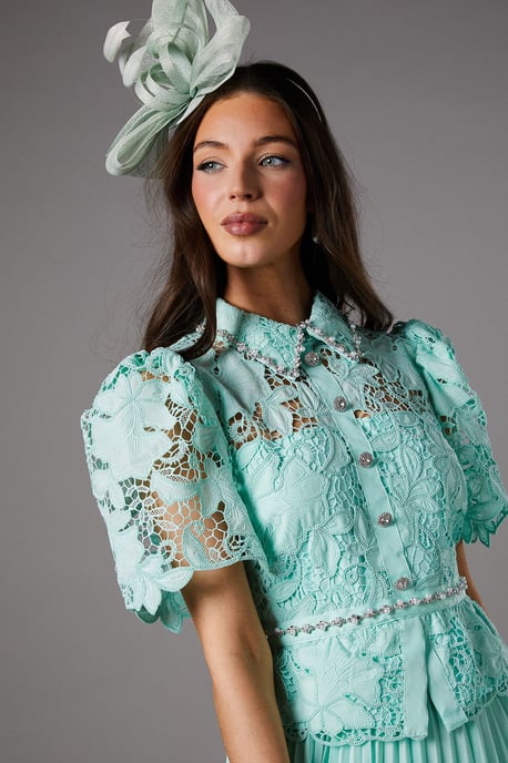 Lace Top Pleat Skirt Jewel Button Dress - Image 3