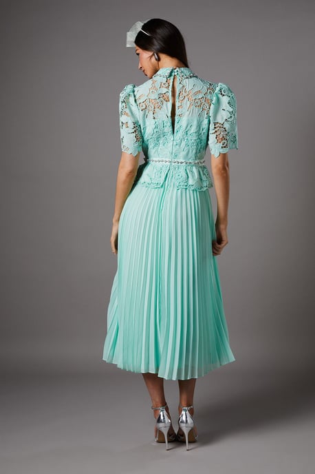 Lace Top Pleat Skirt Jewel Button Dress - Image 4
