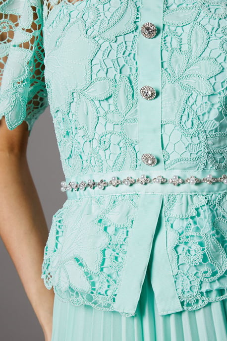 Lace Top Pleat Skirt Jewel Button Dress - Image 5