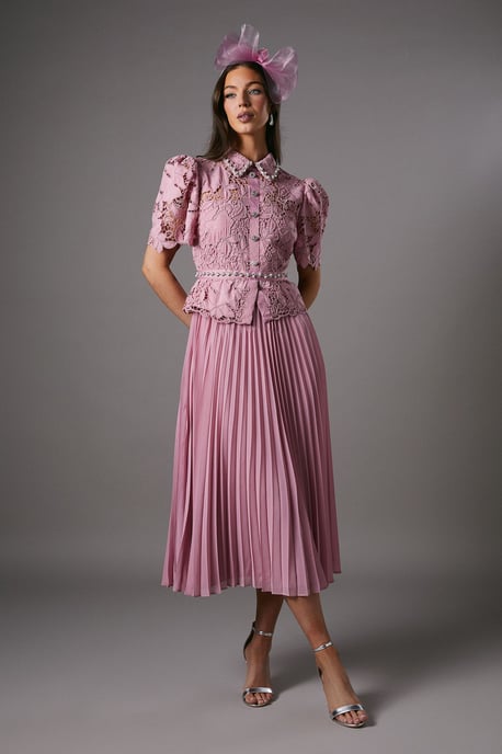 Lace Top Pleat Skirt Jewel Button Dress - Image 1