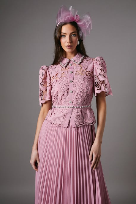 Lace Top Pleat Skirt Jewel Button Dress - Image 2