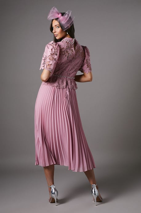 Lace Top Pleat Skirt Jewel Button Dress - Image 3