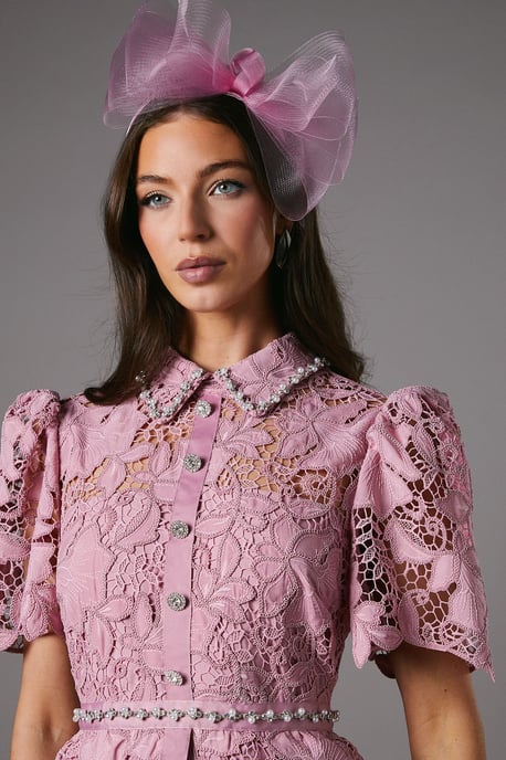 Lace Top Pleat Skirt Jewel Button Dress - Image 4