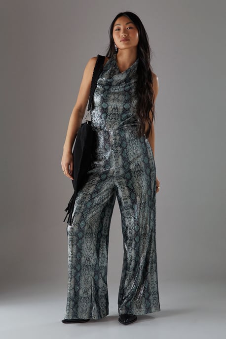 Petite Snake Sequin Cowl Neck Drop Waist Jumpsuit - Image 1