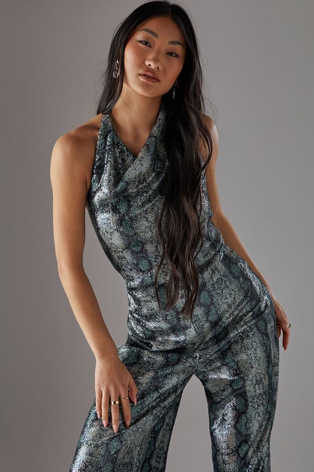 Petite Snake Sequin Cowl Neck Drop Waist Jumpsuit - Image 2