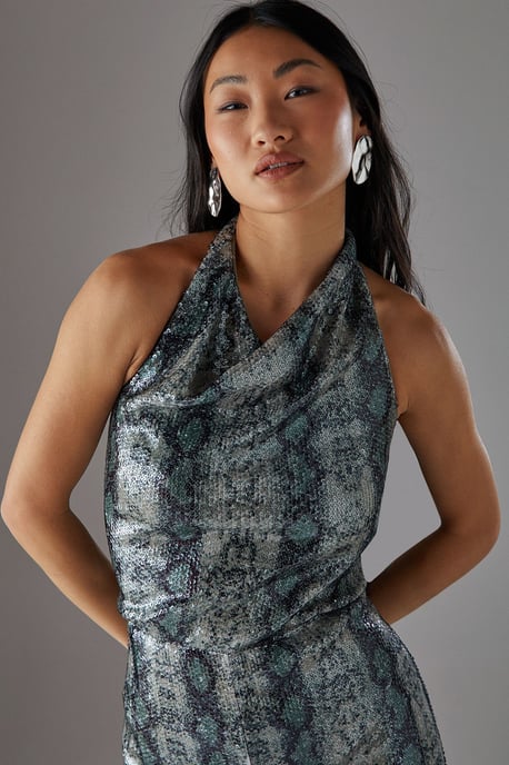 Petite Snake Sequin Cowl Neck Drop Waist Jumpsuit - Image 3