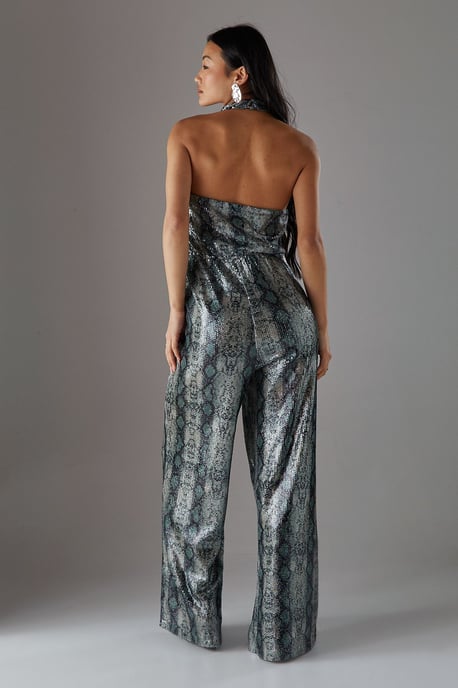Petite Snake Sequin Cowl Neck Drop Waist Jumpsuit - Image 4