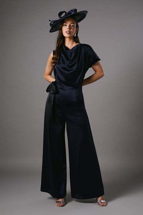 Tie Side Satin Drape Wide Leg Jumpsuit - Image 1
