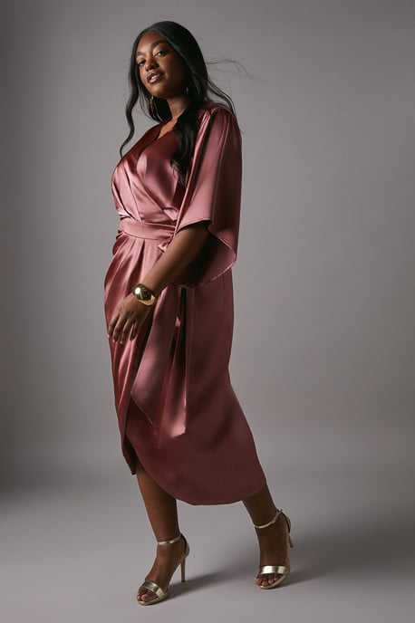 Plus Satin Pleat Front Midi Wrap Dress - Image 4