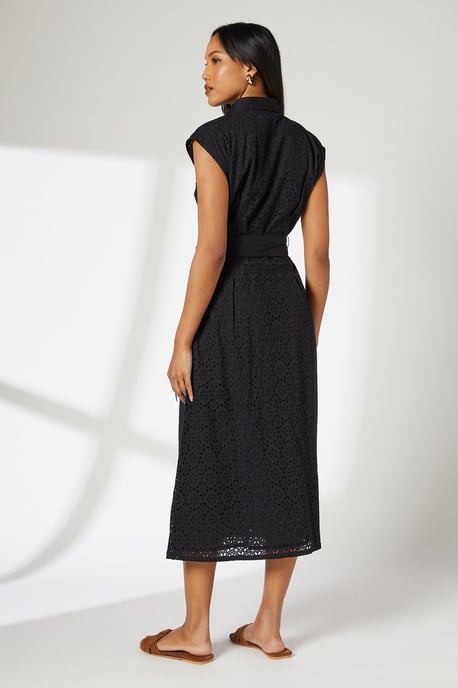 Black Broderie Tie Waist Midi Shirt Dress - Image 3