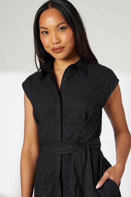 Black Broderie Tie Waist Midi Shirt Dress - Image 4