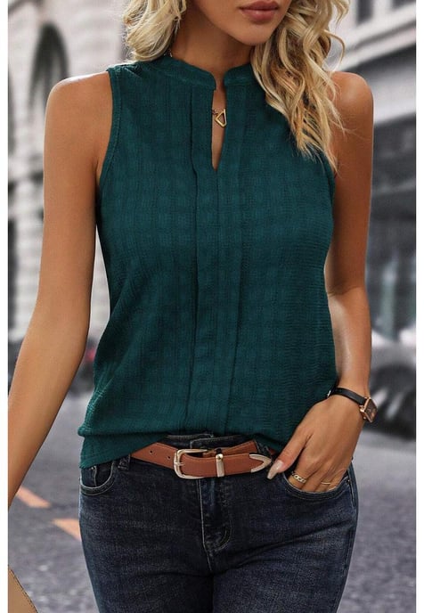 Sea Green Lattice Textured Split Neck Tank Top - Image 1