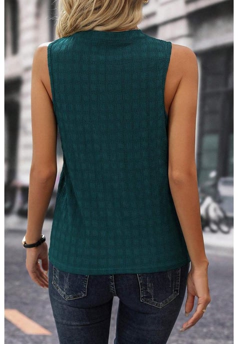 Sea Green Lattice Textured Split Neck Tank Top - Image 2