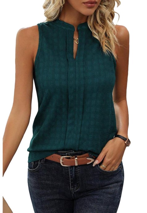 Sea Green Lattice Textured Split Neck Tank Top - Image 3