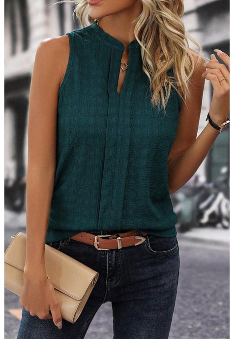 Sea Green Lattice Textured Split Neck Tank Top - Image 4