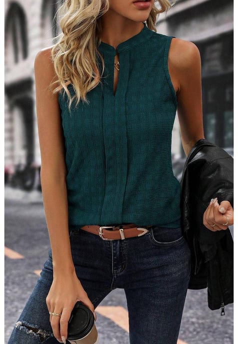 Sea Green Lattice Textured Split Neck Tank Top - Image 5