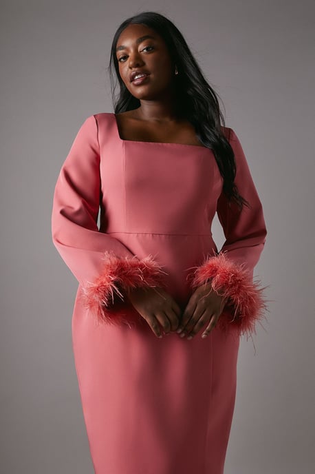 Plus Feather Cuff Long Sleeve Pencil Dress - Image 2