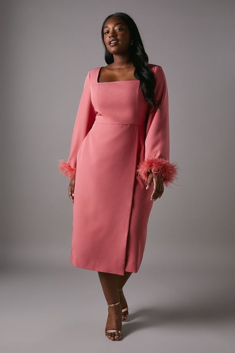 Plus Feather Cuff Long Sleeve Pencil Dress - Image 3