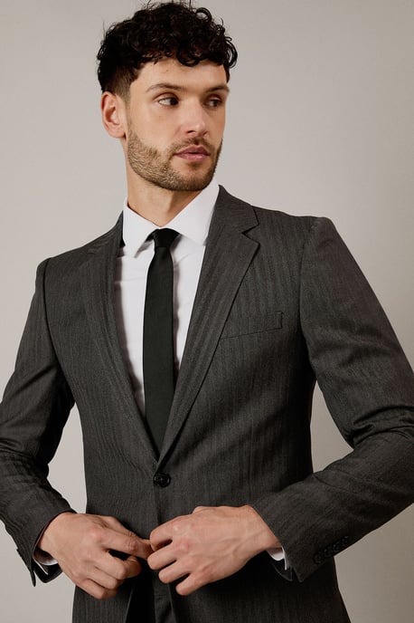 Grey Herringbone Slim Fit Suit Jacket - Image 3
