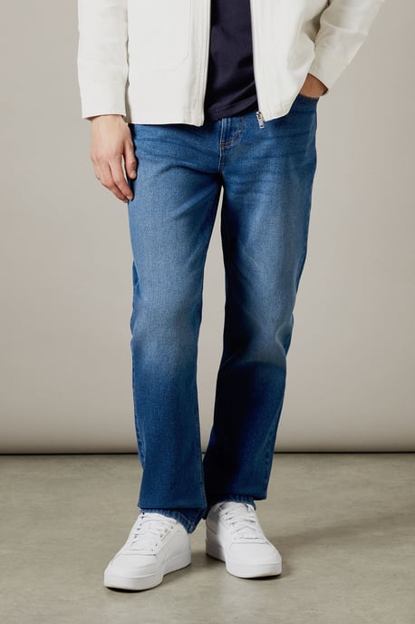 Mid Wash Stretch Straight Fit Jeans - Image 1