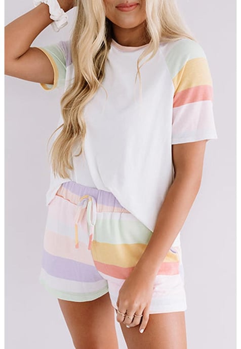 Witte Regenboog Gestreepte T-shirt en Shorts Set - Image 1