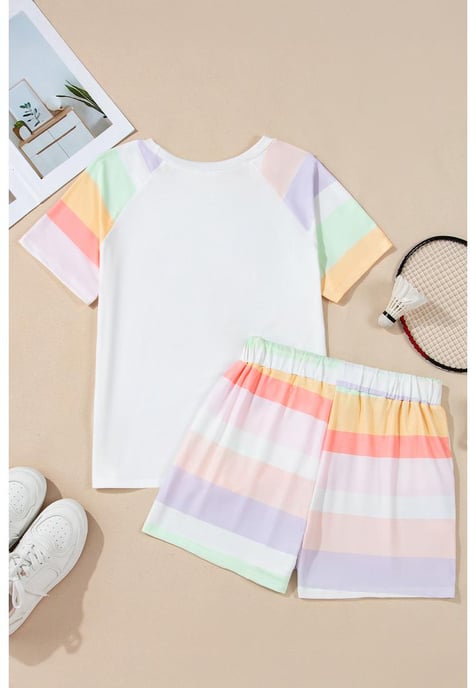 Witte Regenboog Gestreepte T-shirt en Shorts Set - Image 5