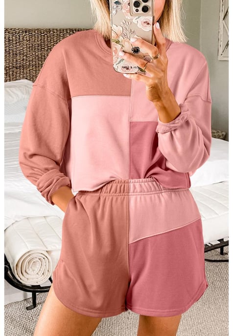 Perzikbloesem Kleurblok Patchwork Lange Mouw Korte Broek Outfit - Image 1