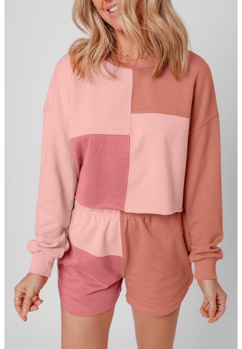 Perzikbloesem Kleurblok Patchwork Lange Mouw Korte Broek Outfit - Image 2
