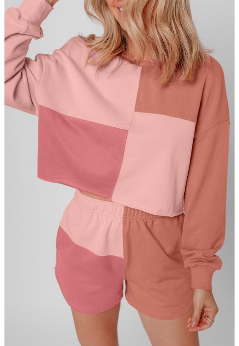 Perzikbloesem Kleurblok Patchwork Lange Mouw Korte Broek Outfit - Image 3