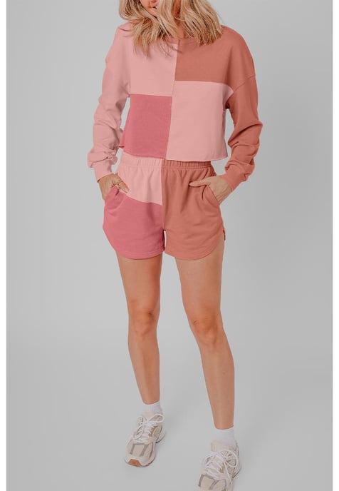 Perzikbloesem Kleurblok Patchwork Lange Mouw Korte Broek Outfit - Image 4