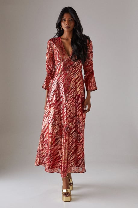 Metallic Jacquard Ruched Sleeve Plunge Neck Bias Midi Dress - Image 1