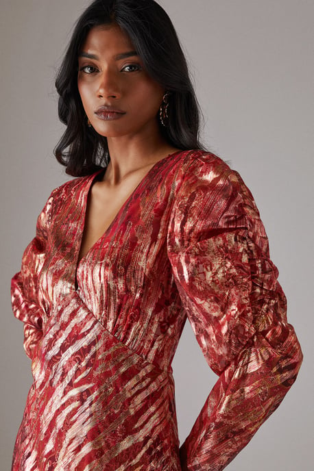 Metallic Jacquard Ruched Sleeve Plunge Neck Bias Midi Dress - Image 2